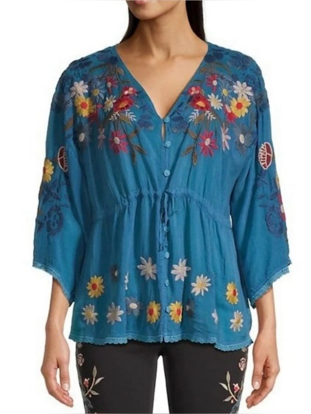 Johnny Was Edith Blouse Top Blue Sapphire Embroidered Floral Boho Size Medium